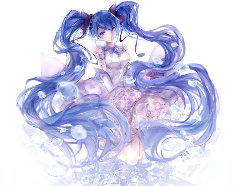 Blue-haired Anime Girl — Blue, Ethereal, Digital Art, Long Hair, Ballet Dress