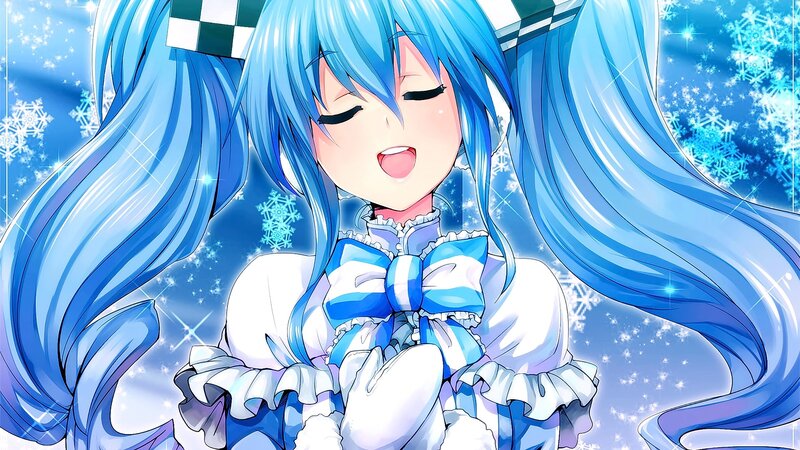Blue-haired Anime Girl — Blue, Festive, Winter, Snowflakes, Bow