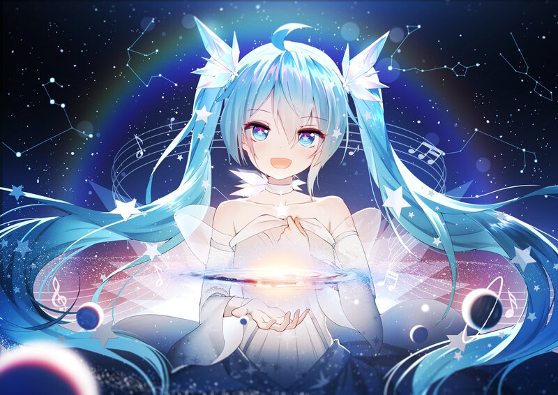 Blue-haired Anime Girl — Blue, Magical, Night, Digital Art, Stars