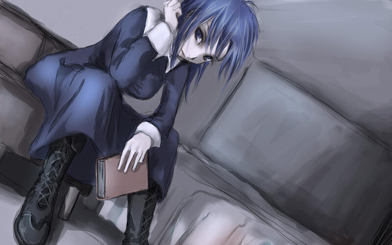 Blue-haired Anime Girl — Blue, Melancholic, Digital Art, Book
