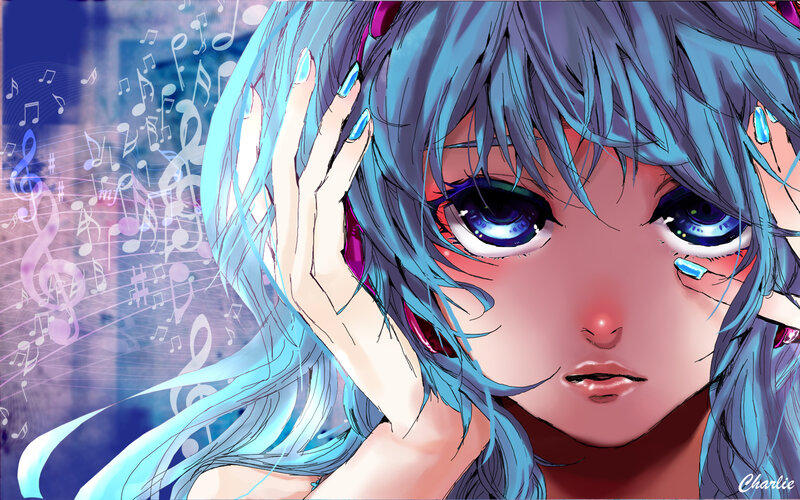 Blue-haired Anime Girl — Blue, Melancholic, Digital Art, Music Notes