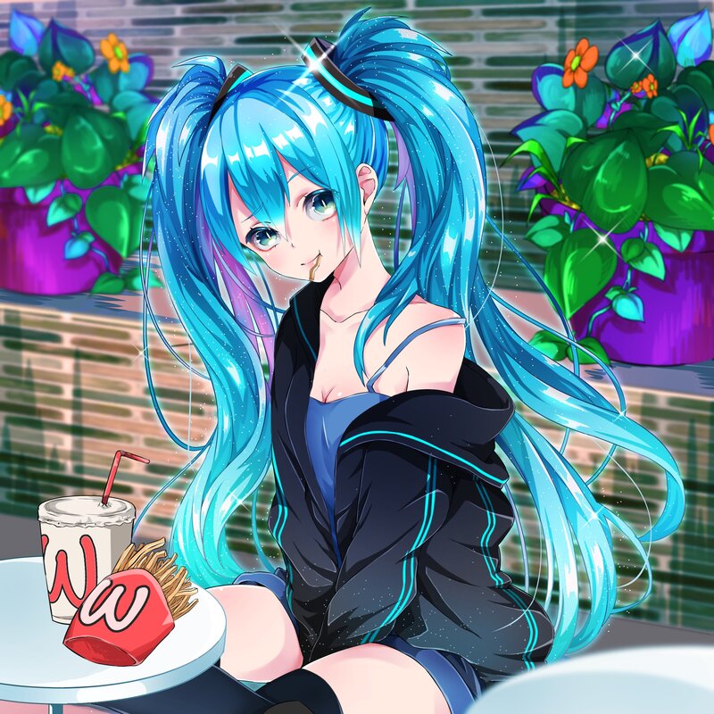 Blue-haired Anime Girl — Blue, Playful, Afternoon, Fries