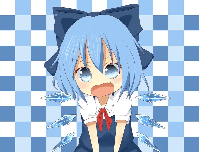 Blue-haired Anime Girl — Blue, Playful, Bow, Crystals