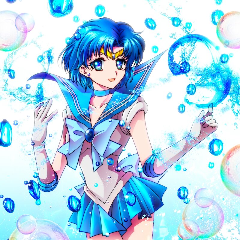 Blue-haired Anime Girl — Blue, Playful, Bubbles