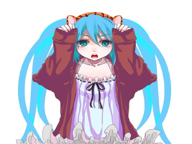 Blue-haired Anime Girl — Blue, Playful, Cat Ears, Pajamas