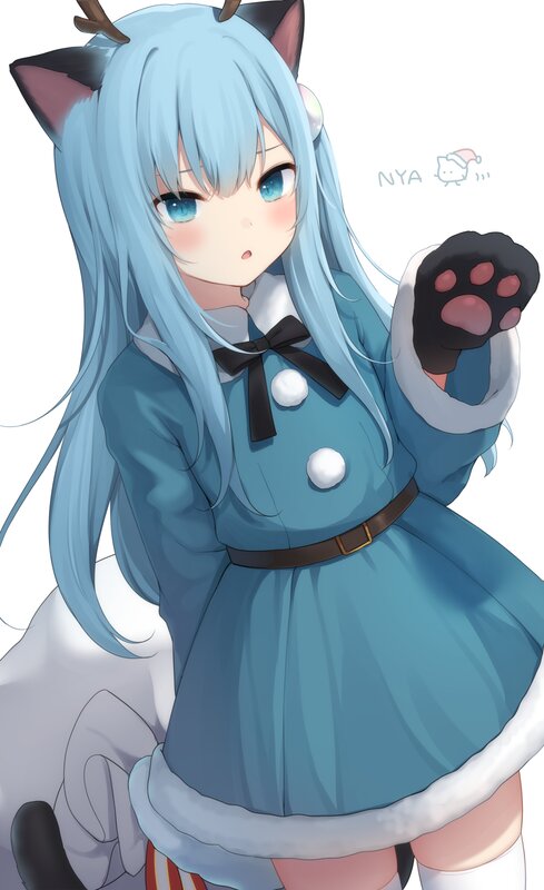 Blue-haired Anime Girl — Blue, Playful, Cat Ears, Paw Gloves
