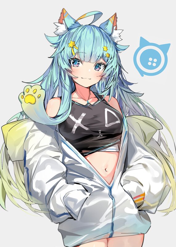 Blue-haired Anime Girl — Blue, Playful, Cat Ears, Paw Hand