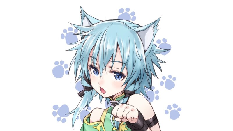 Blue-haired Anime Girl — Blue, Playful, Cat Ears, Paw Prints, Green Top