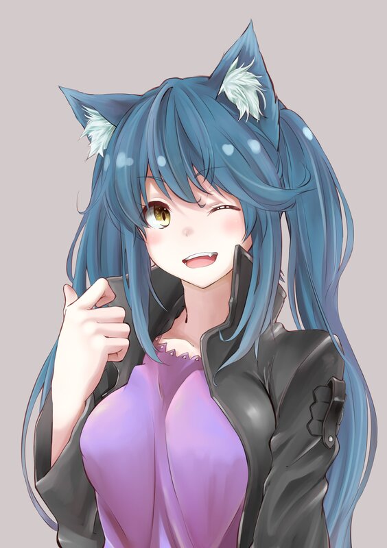 Blue-haired Anime Girl — Blue, Playful, Cat Ears, Purple Shirt
