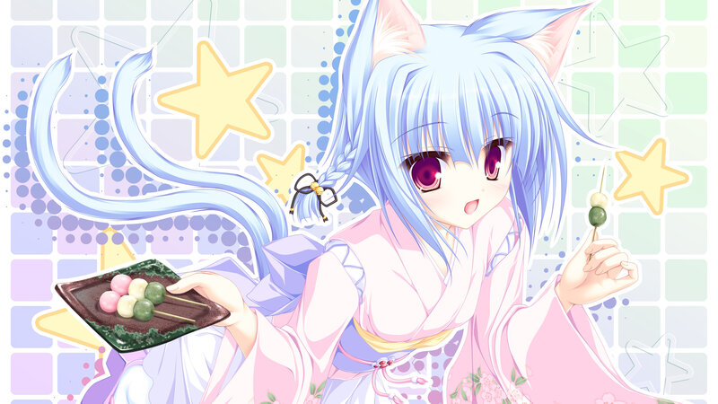 Blue-haired Anime Girl — Blue, Playful, Cat Ears, Sweets, Stars