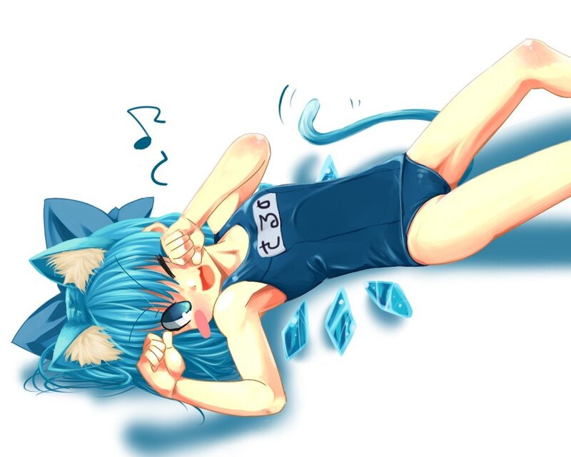 Blue-haired Anime Girl — Blue, Playful, Cat Ears, Swimsuit