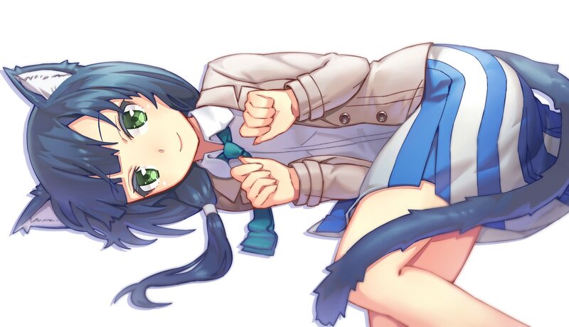 Blue-haired Anime Girl — Blue, Playful, Cat Ears, Tail, School Uniform