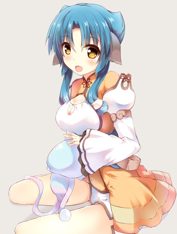 Blue-haired Anime Girl — Blue, Playful, Cat Ears, Tail, White Top