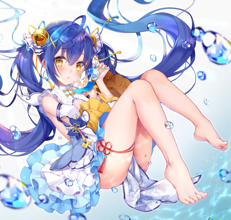 Blue-haired Anime Girl — Blue, Playful, Digital Art, Bubbles