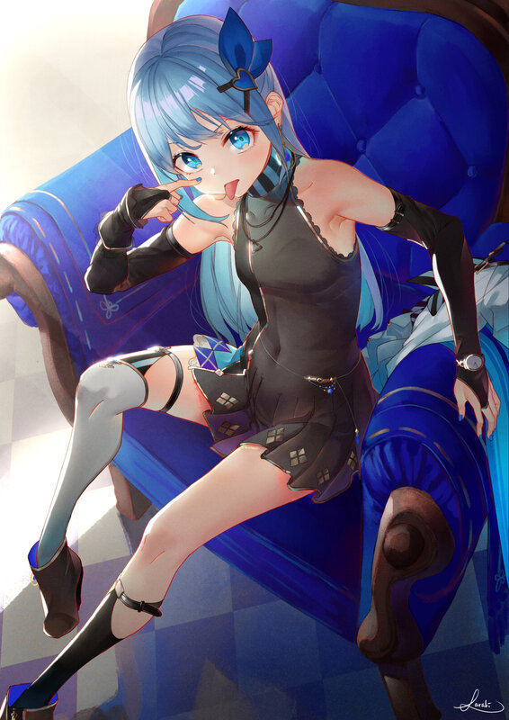 Blue-haired Anime Girl — Blue, Playful, Digital Art, Chair