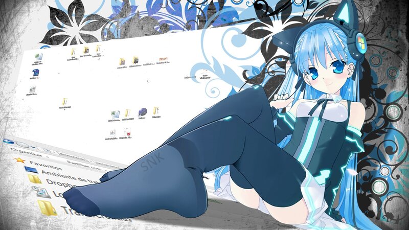 Blue-haired Anime Girl — Blue, Playful, Digital Art, Headphones, Desktop Computer