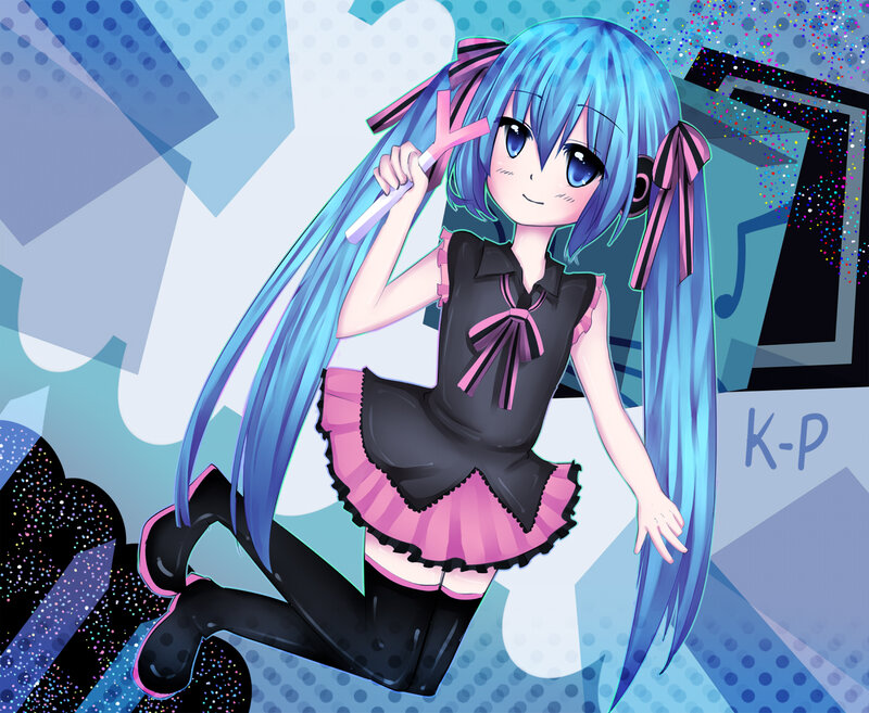 Blue-haired Anime Girl — Blue, Playful, Digital Art, Microphone, Music Note