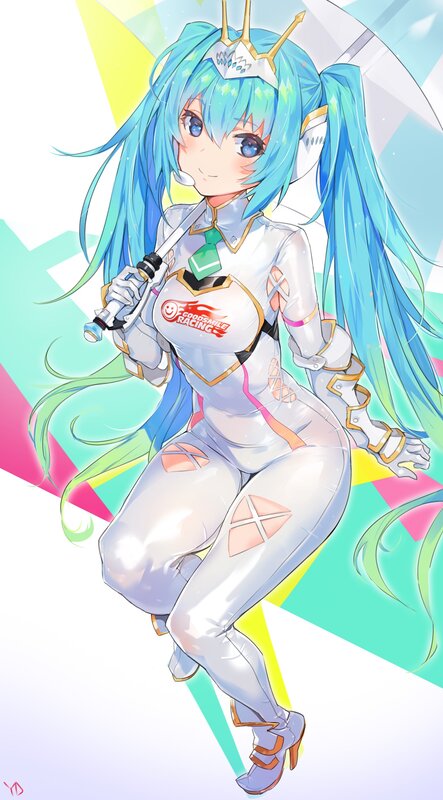Blue-haired Anime Girl — Blue, Playful, Digital Art, Microphone, Racing Suit