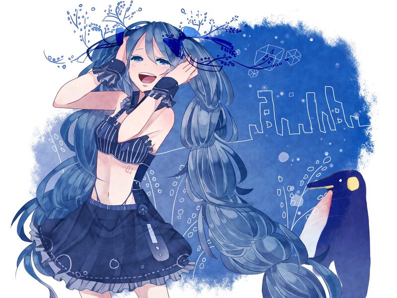 Blue-haired Anime Girl — Blue, Playful, Digital Art, Penguin