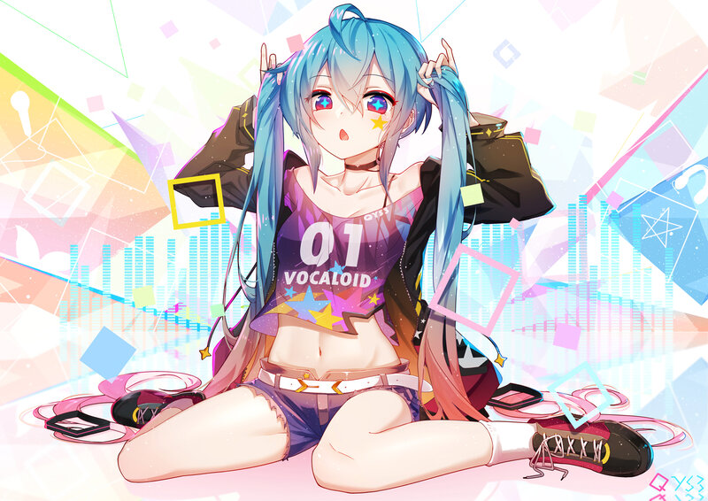 Blue-haired Anime Girl — Blue, Playful, Digital Art, Stars