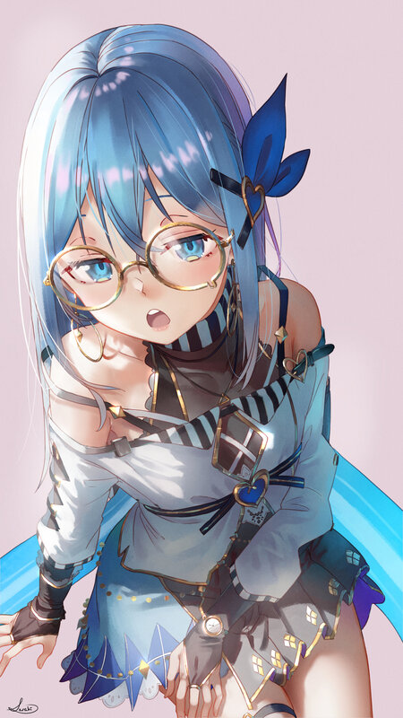 Blue-haired Anime Girl — Blue, Playful, Glasses, Heart-shaped Accessory