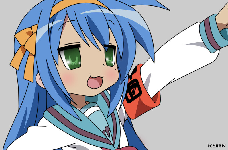 Blue-haired Anime Girl — Blue, Playful, Green Eyes, Orange Bow
