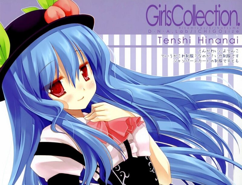 Blue-haired Anime Girl — Blue, Playful, Hat, Red Bow