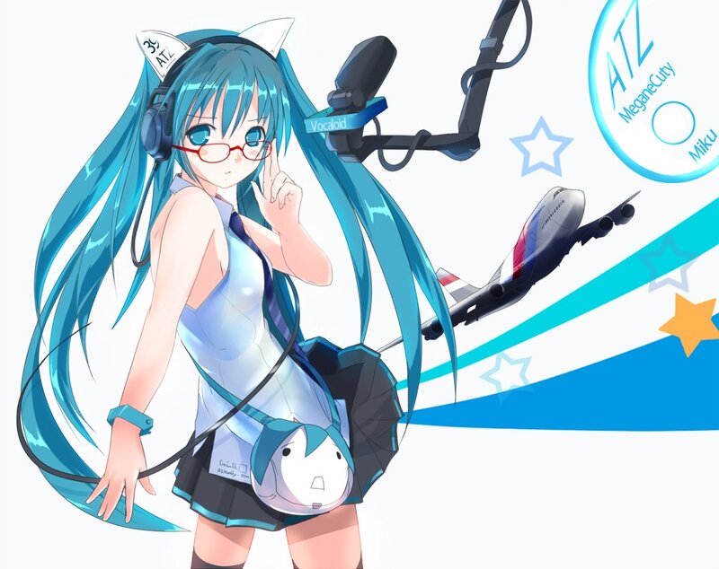 Blue-haired Anime Girl — Blue, Playful, Headphones, Microphone, Airplane