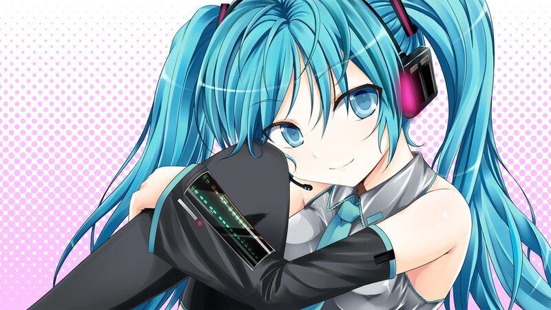 Blue-haired Anime Girl — Blue, Playful, Headphones, Microphone, Digital Display