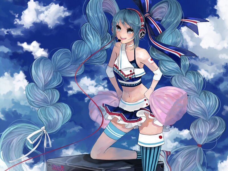 Blue-haired Anime Girl — Blue, Playful, Headphones, Microphone