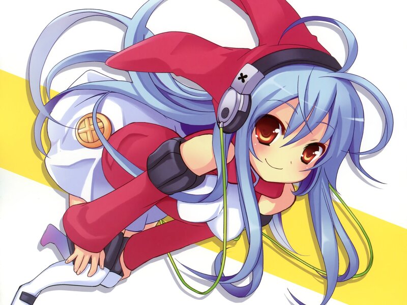 Blue-haired Anime Girl — Blue, Playful, Headphones, Red Hat