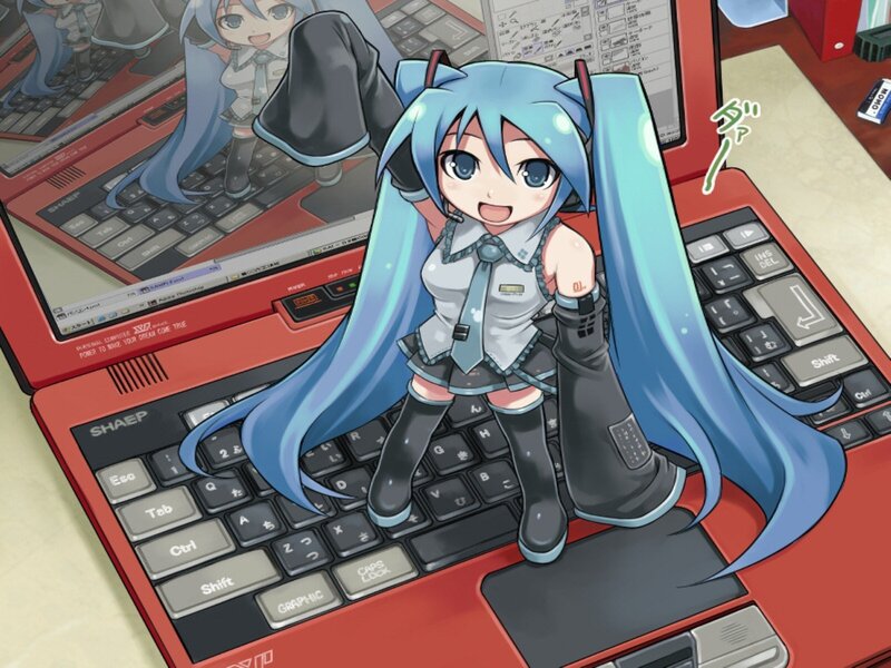 Blue-haired Anime Girl — Blue, Playful, Laptop