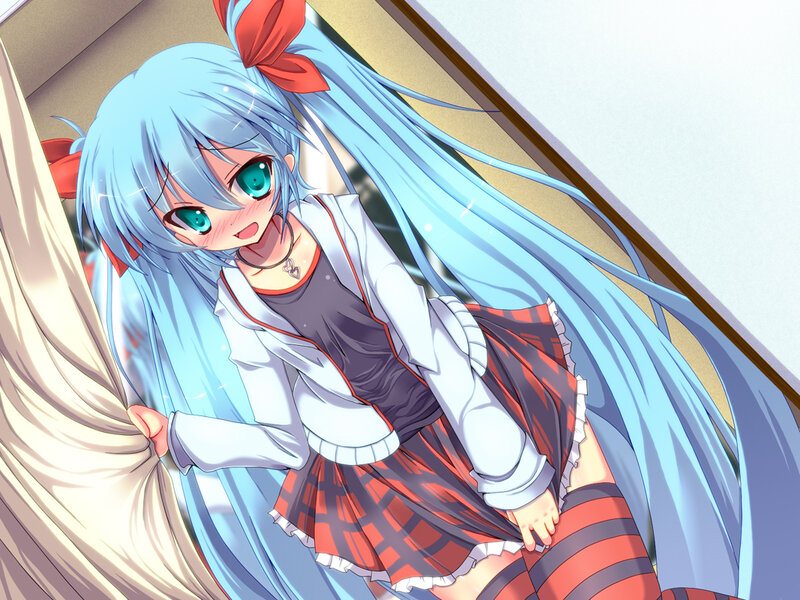 Blue-haired Anime Girl — Blue, Playful, Long Hair, Red Bow