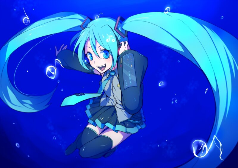 Blue-haired Anime Girl — Blue, Playful, Music Notes, Bubbles