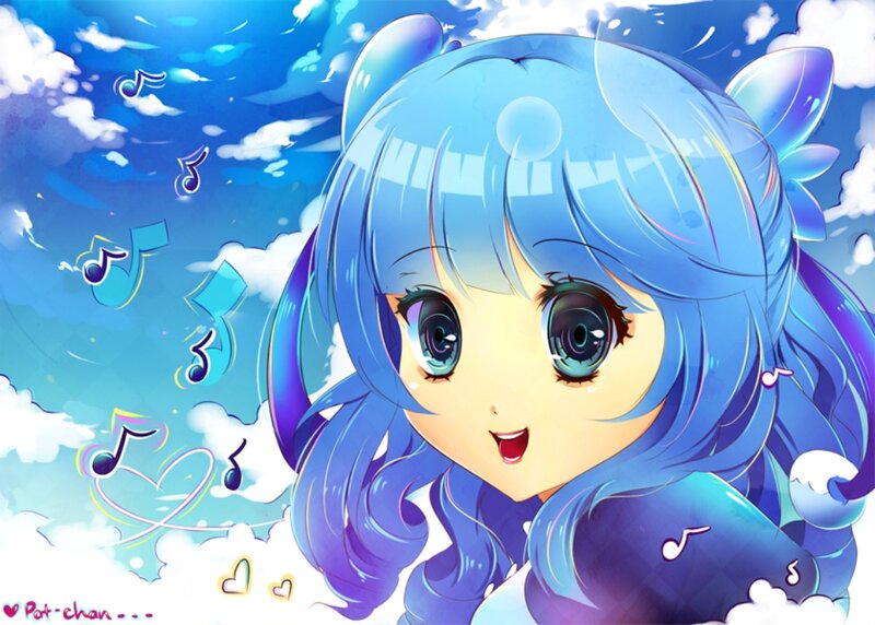Blue-haired Anime Girl — Blue, Playful, Music Notes, Clouds