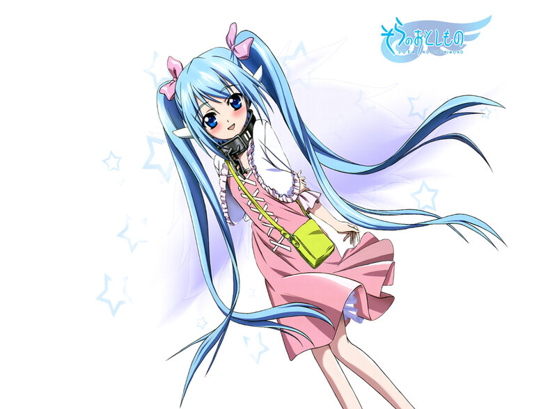 Blue-haired Anime Girl — Blue, Playful, Pink Dress, Green Bag, Stars