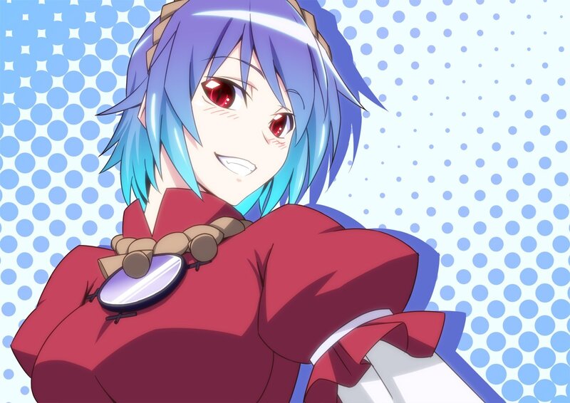 Blue-haired Anime Girl — Blue, Playful, Red Eyes, Red Outfit