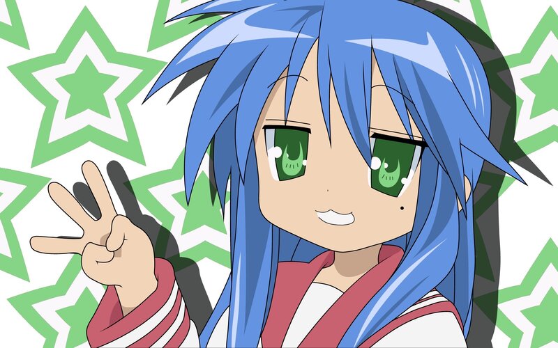 Blue-haired Anime Girl — Blue, Playful, Stars, Peace Sign