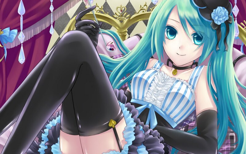 Blue-haired Anime Girl — Blue, Playful, Striped Dress