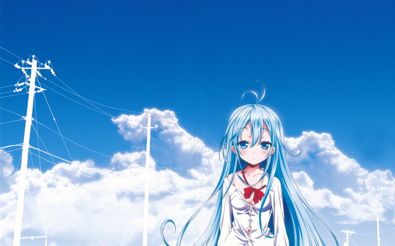 Blue-haired Anime Girl — Blue, Serene, Afternoon, Clouds, Power Lines