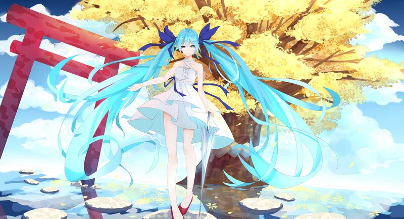 Blue-haired Anime Girl — Blue, Serene, Autumn, Digital Art