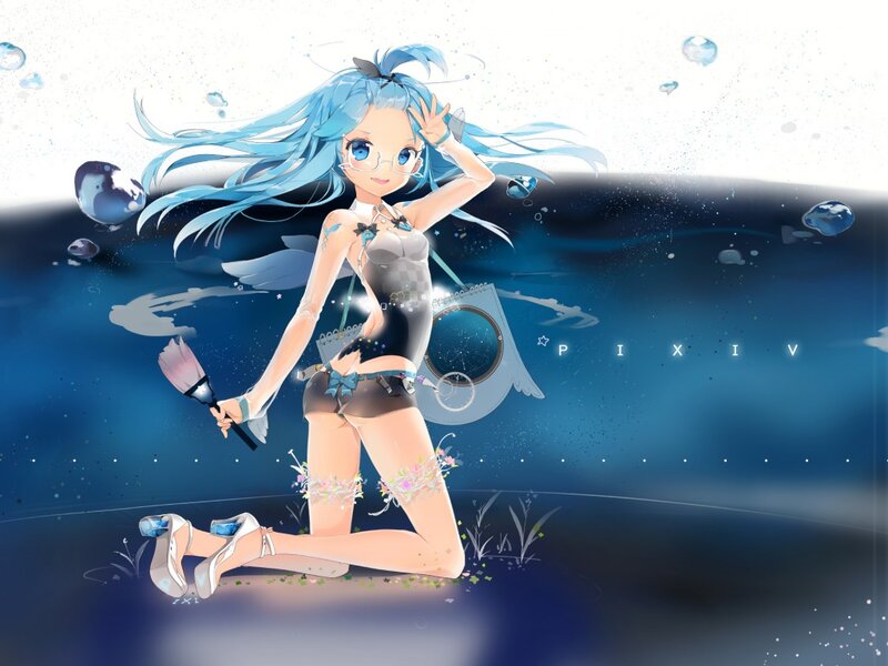 Blue-haired Anime Girl — Blue, Serene, Digital Art, Bubbles