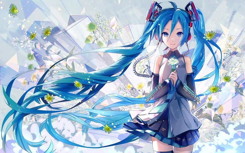 Blue-haired Anime Girl — Blue, Serene, Digital Art, Flowers