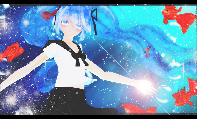 Blue-haired Anime Girl — Blue, Serene, Digital Art, Goldfish