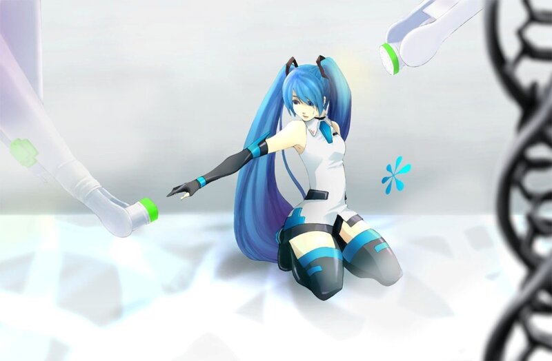 Blue-haired Anime Girl — Blue, Serene, Digital Art, Robotic Arms