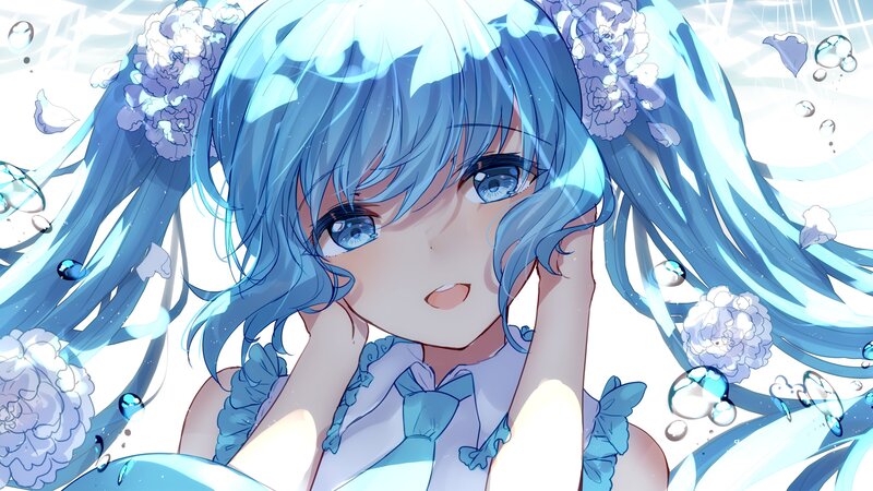 Blue-haired Anime Girl — Blue, Serene, Flowers, Bubbles, Hair