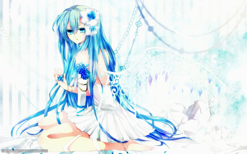 Blue-haired Anime Girl — Blue, Serene, Flowers, Chains