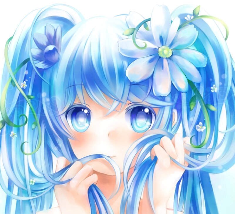 Blue-haired Anime Girl — Blue, Serene, Flowers, Hair