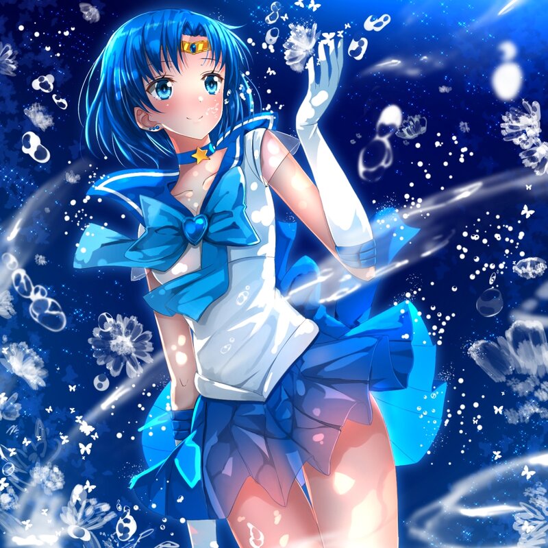 Blue-haired Anime Girl — Blue, Serene, Night, Bubbles