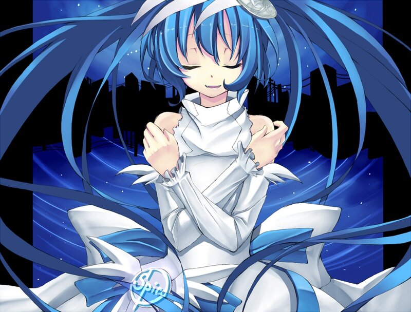 Blue-haired Anime Girl — Blue, Serene, Night, City Skyline